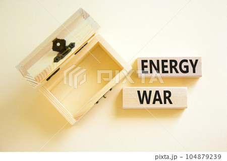 Energy war symbol. Concept words Energy war on beautiful wooden block. Beautiful white table white background. Empty wooden chest. Business and Energy war concept. Copy space. Energy war symbol. Concept words Energy war on beautiful wooden block. Beautiful white table white background. Empty wooden chest. Business and Energy war concept. Copy space. 104879239