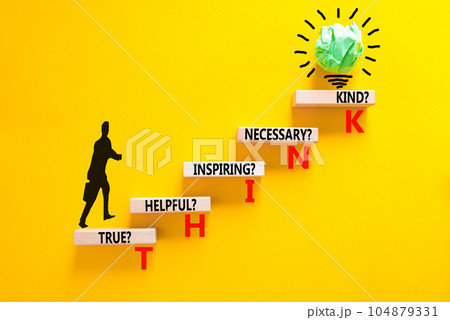 Think symbol. Concept words Think before you speak true helpful inspiring necessary kind on wooden block. Beautiful yellow background. Business Think true helpful inspiring necessary kind concept. Think symbol. Concept words Think before you speak true helpful inspiring necessary kind on wooden block. Beautiful yellow background. Business Think true helpful inspiring necessary kind concept. 104879331