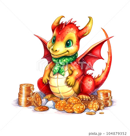 Fantasy cute dragon on the mountain of coins christmas, great design watercolor White color background. New Year 2024 Vector art illustration. Cartoon dragon Fantasy cute dragon on the mountain of coins christmas, great design watercolor White color background. New Year 2024 Vector art illustration. Cartoon dragon 104879352