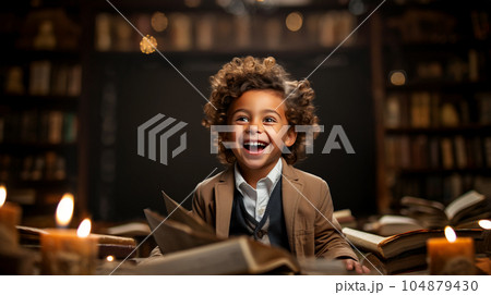 Portrait Little happy schoolboy with a book, school learning concept Portrait Little happy schoolboy with a book, school learning concept 104879430