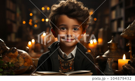 Portrait Little happy schoolboy with a book, school learning concept Portrait Little happy schoolboy with a book, school learning concept 104879432