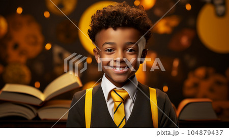 Portrait Little happy schoolboy with a book, school learning concept Portrait Little happy schoolboy with a book, school learning concept 104879437