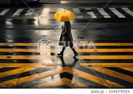 The person walking on the crosswalk with an umbrella The person walking on the crosswalk with an umbrella 104879583