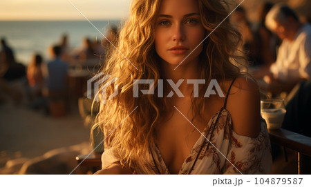 Portrait of a beautiful girl with long loose hair on the beach in front of the sea 104879587