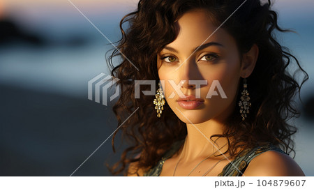 Portrait of a beautiful girl with long loose hair on the beach in front of the sea 104879607