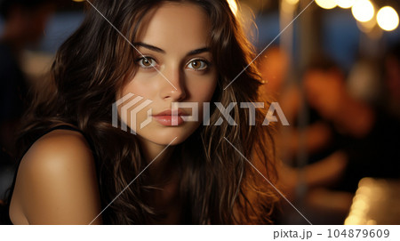 Portrait of a beautiful girl with long loose hair on the beach in front of the sea 104879609