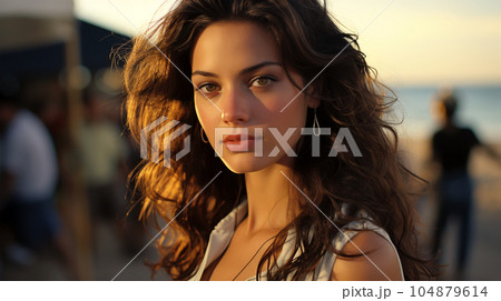 Portrait of a beautiful girl with long loose hair on the beach in front of the sea 104879614