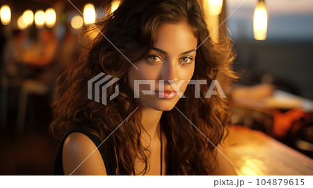 Portrait of a beautiful girl with long loose hair on the beach in front of the sea Portrait of a beautiful girl with long loose hair on the beach in front of the sea 104879615