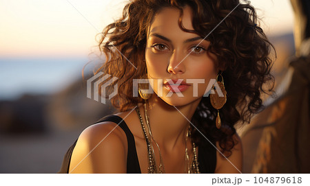 Portrait of a beautiful girl with long loose hair on the beach in front of the sea Portrait of a beautiful girl with long loose hair on the beach in front of the sea 104879618