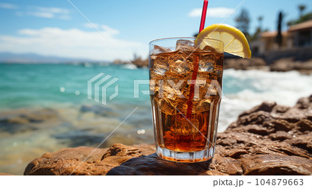Tasty Cola in a glass with ice cubes on the beach near the sea or ocean, menu concept 104879663