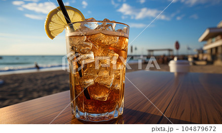 Tasty Cola in a glass with ice cubes on the beach near the sea or ocean, menu concept Tasty Cola in a glass with ice cubes on the beach near the sea or ocean, menu concept 104879672