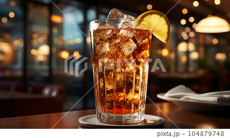 Tasty Cola in a glass with ice cubes and mint in a bar or cafe, menu concept 104879748