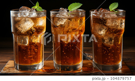 Tasty Cola in a glass with ice cubes and mint in a bar or cafe, menu concept 104879757