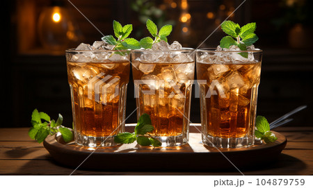 Tasty Cola in a glass with ice cubes and mint in a bar or cafe, menu concept Tasty Cola in a glass with ice cubes and mint in a bar or cafe, menu concept 104879759