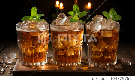Tasty Cola in a glass with ice cubes and mint in a bar or cafe, menu concept Tasty Cola in a glass with ice cubes and mint in a bar or cafe, menu concept 104879760