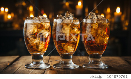 Tasty Cola in a glass with ice cubes and mint in a bar or cafe, menu concept 104879761