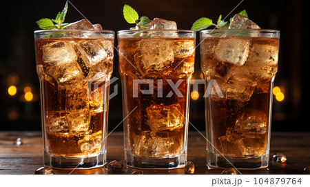 Tasty Cola in a glass with ice cubes and mint in a bar or cafe, menu concept 104879764