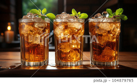Tasty Cola in a glass with ice cubes and mint in a bar or cafe, menu concept Tasty Cola in a glass with ice cubes and mint in a bar or cafe, menu concept 104879765