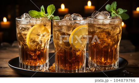 Tasty Cola in a glass with ice cubes and mint in a bar or cafe, menu concept 104879766