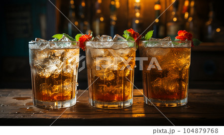 Tasty Cola in a glass with ice cubes and mint in a bar or cafe, menu concept 104879768