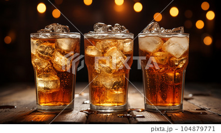 Tasty Cola in a glass with ice cubes and mint in a bar or cafe, menu concept Tasty Cola in a glass with ice cubes and mint in a bar or cafe, menu concept 104879771