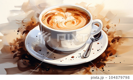 Drawing of a cup of hot cappuccino on a light background, with splashes, breakfast concept 104879798