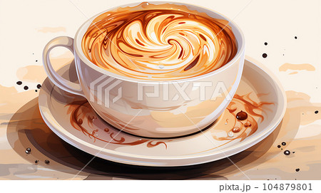 Drawing of a cup of hot cappuccino on a light background, with splashes, breakfast concept 104879801