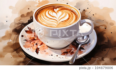 Drawing of a cup of hot cappuccino on a light background, with splashes, breakfast concept 104879806