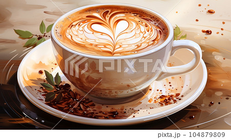 Drawing of a cup of hot cappuccino on a light background, with splashes, breakfast concept Drawing of a cup of hot cappuccino on a light background, with splashes, breakfast concept 104879809