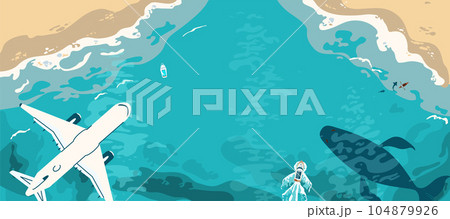 Ocean waves, coastline top aerial view vector illustration background. Beach, sand, sea shore, blue waves, foam. Top view above seaside with boats, airplane, whale and shark, copy space at the centre Ocean waves, coastline top aerial view vector illustration background. Beach, sand, sea shore, blue waves, foam. Top view above seaside with boats, airplane, whale and shark, copy space at the centre 104879926
