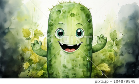 Drawn smiling green cucumber on light background, concept of harvest and agriculture 104879949
