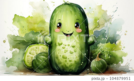 Drawn smiling green cucumber on light background, concept of harvest and agriculture 104879951