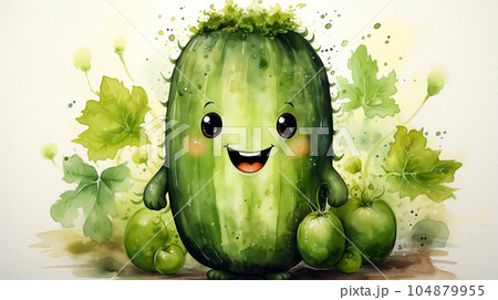 Drawn smiling green cucumber on light background, concept of harvest and agriculture Drawn smiling green cucumber on light background, concept of harvest and agriculture 104879955