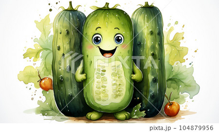 Drawn smiling green cucumber on light background, concept of harvest and agriculture Drawn smiling green cucumber on light background, concept of harvest and agriculture 104879956