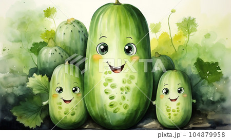 Drawn smiling green cucumber on light background, concept of harvest and agriculture Drawn smiling green cucumber on light background, concept of harvest and agriculture 104879958