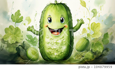 Drawn smiling green cucumber on light background, concept of harvest and agriculture Drawn smiling green cucumber on light background, concept of harvest and agriculture 104879959