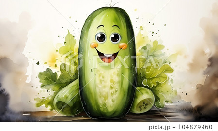 Drawn smiling green cucumber on light background, concept of harvest and agriculture Drawn smiling green cucumber on light background, concept of harvest and agriculture 104879960