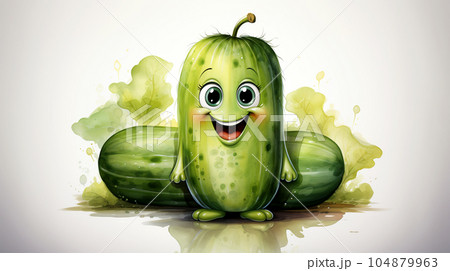 Drawn smiling green cucumber on light background, concept of harvest and agriculture 104879963