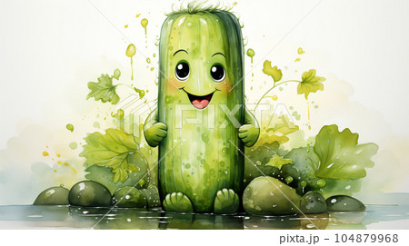 Drawn smiling green cucumber on light background, concept of harvest and agriculture Drawn smiling green cucumber on light background, concept of harvest and agriculture 104879968