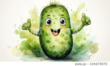 Drawn smiling green cucumber on light background, concept of harvest and agriculture Drawn smiling green cucumber on light background, concept of harvest and agriculture 104879970