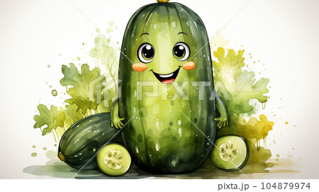 Drawn smiling green cucumber on light background, concept of harvest and agriculture Drawn smiling green cucumber on light background, concept of harvest and agriculture 104879974