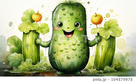 Drawn smiling green cucumber on light background, concept of harvest and agriculture 104879978
