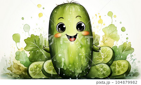 Drawn smiling green cucumber on light background, concept of harvest and agriculture Drawn smiling green cucumber on light background, concept of harvest and agriculture 104879982