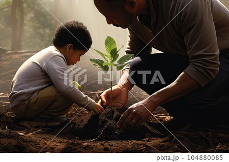 Man and his son is planting a tree in their garden. Man and his son is planting a tree in their garden. 104880085