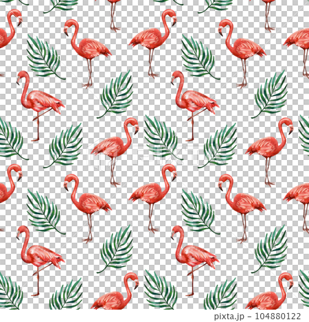 Pink flamingos and green areca palm leaves. Seamless watercolor patter on a white background. Design of textiles, wrapping paper, clothes, covers. 104880122