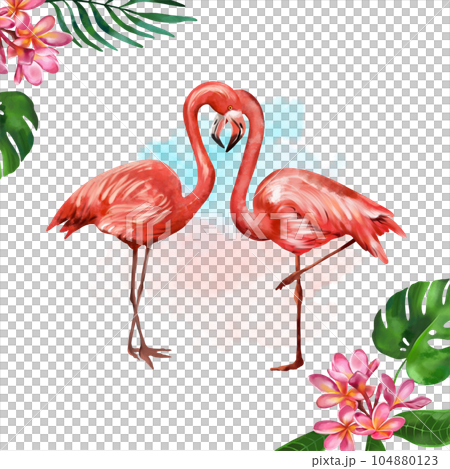 Two pink flamingos on the background of exotic plants. Watercolor illustration of a tropical composition. Greeting cards, summer flyers and banners. 104880123