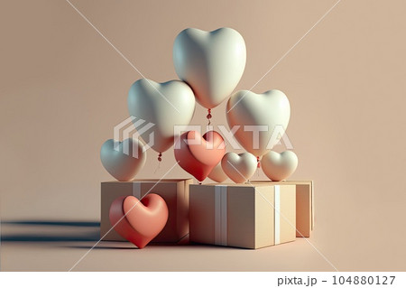 Valentine day pink balloon as heart and gifts on beige. Generative AI. 104880127