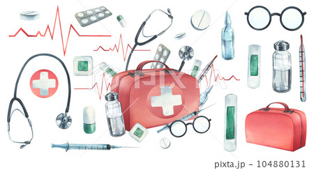 Red medical case, first aid kit with stethoscope, injections, plaster, pills and glasses. Watercolor illustration, hand drawn. Composition with elements isolated on white background 104880131