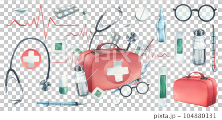 Red medical case, first aid kit with stethoscope, injections, plaster, pills and glasses. Watercolor illustration, hand drawn. Composition with elements isolated on white background 104880131