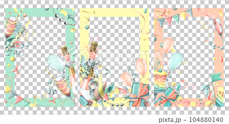 Vertical birthday cards with pink champagne, balloons, gifts, confetti, flags, cakes. Watercolor illustration, hand drawn. A set frames template for text on a white background 104880140